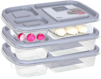 Storage Solutions Vershoudbakje/lunchbox - 3x - luchtdicht - 3 vakjes - lichtgrijs - kunststof - broodtrommel -24 x 15
