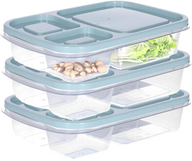 Storage Solutions Vershoudbakje/lunchbox - 3x - luchtdicht - 3 vakjes - lichtgroen - kunststof - broodtrommel - 24 x 1