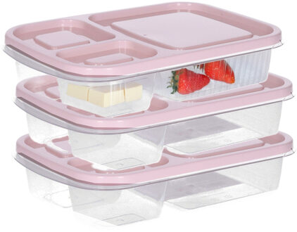 Storage Solutions Vershoudbakje/lunchbox - 3x - luchtdicht - 3 vakjes - lichtroze - kunststof - broodtrommel -24 x 15