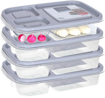 Storage Solutions Vershoudbakje/lunchbox - 4x - luchtdicht - 3 vakjes - lichtgrijs - kunststof - broodtrommel -24 x 15
