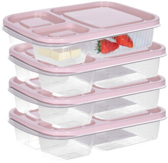 Storage Solutions Vershoudbakje/lunchbox - 4x - luchtdicht - 3 vakjes - lichtroze - kunststof - broodtrommel -24 x 15