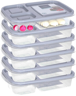 Storage Solutions Vershoudbakje/lunchbox - 6x - luchtdicht - 3 vakjes - lichtgrijs - kunststof - broodtrommel -24 x 15