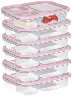 Storage Solutions Vershoudbakje/lunchbox - 6x - luchtdicht - 3 vakjes - lichtroze - kunststof - broodtrommel -24 x 15