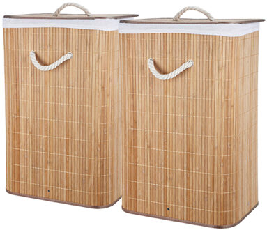 Storage Solutions Wasmand - 2x - bamboe hout - met deksel - rechthoekig - naturel - 40 x 30 x 60 cm - 70 liter
