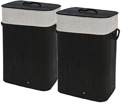 Storage Solutions Wasmand - 2x - bamboe hout - met deksel - rechthoekig - zwart - 40 x 30 x 60 cm - 70 liter
