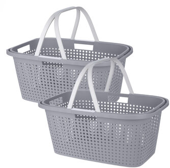Storage Solutions Wasmand met hengsel - 2x stuks - 38 liter - 60 cm - grijs/wit - Draagwasmanden - Wasgoedmand