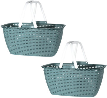 Storage Solutions Wasmand met hengsels - 2x stuks - groen/wit - 26 liter - L43 x B30 x H21 cm