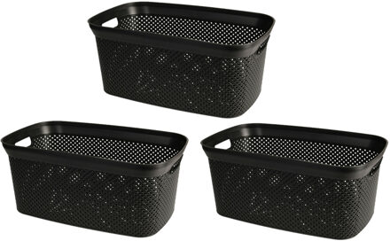 Storage Solutions Wasmand van rotan gevlochten - 3x - zwart - kunststof - 35 liter - 35 x 53 x 23 cm