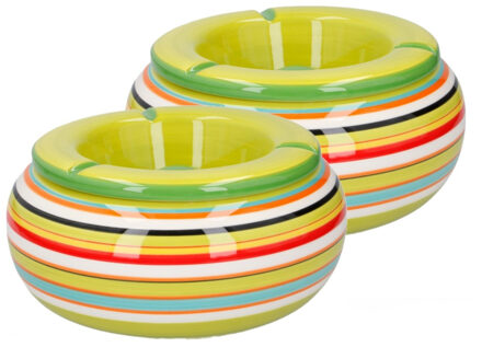 Storm Asbak - 2x stuks - in mooie groene kleuren combinatie - D13 cm - Keramiek - Strepen