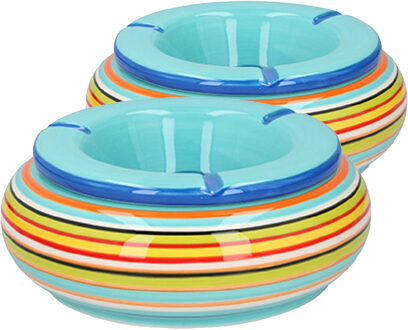 Storm asbak - 2x stuks - keramiek - blauw/multi-kleur - 17 x 8 cm