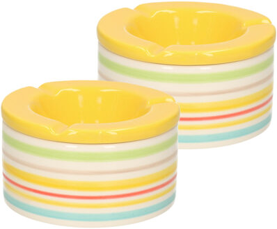 Stormasbak - 2x - keramiek - geel/multi-kleur - D12 cm - asbak - buiten asbakken