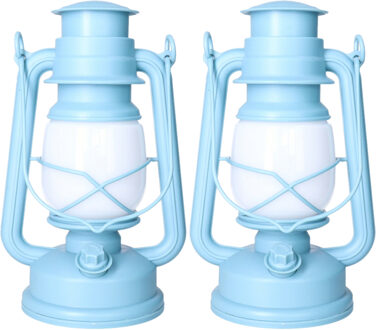 Stormlantaarn - 2x - batterij - blauw - 15 x 12 x 25 cm - tuinverlichting - kunststof