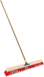 Straatbezem/buitenbezem - hout/kunststof - steel 120 cm - borstelkop 60 cm - rood - steelhouder