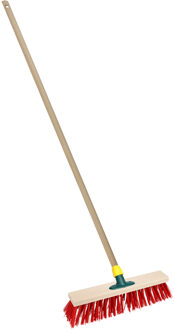 Straatbezem/buitenbezem - hout/kunststof - steel 129 cm - borstelkop 25 cm - rood - steelhouder
