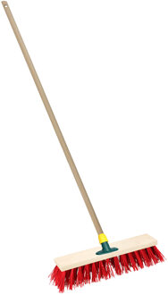 Straatbezem/buitenbezem - hout/kunststof - steel 129 cm - borstelkop 30 cm - rood - steelhouder