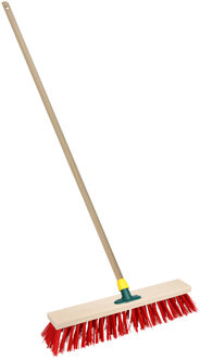 Straatbezem/buitenbezem - hout/kunststof - steel 129 cm - borstelkop 40 cm - rood - steelhouder