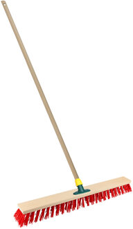 Straatbezem/buitenbezem - hout/kunststof - steel 129 cm - borstelkop 60 cm - rood - steelhouder