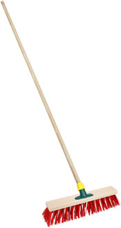 Straatbezem/buitenbezem - hout/kunststof - steel 140 cm - borstelkop 25 cm - rood - steelhouder