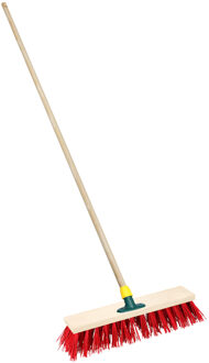 Straatbezem/buitenbezem - hout/kunststof - steel 140 cm - borstelkop 30 cm - rood - steelhouder