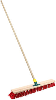 Straatbezem/buitenbezem - hout/kunststof - steel 140 cm - borstelkop 50 cm - rood - steelhouder