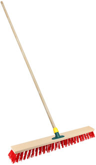 Straatbezem/buitenbezem - hout/kunststof - steel 140 cm - borstelkop 60 cm - rood - steelhouder