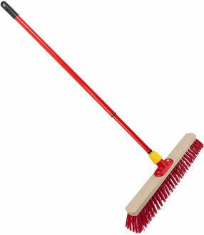 straatbezem - elaston vezel - hout - B50 cm - metalen telescoopsteel rood - 80 tot 130 cm