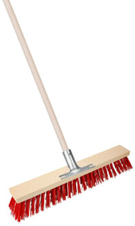 Straatbezem Elaston XL voor buiten - Kop 60 cm - metalen steelhouder - rood - Houten steel 120 cm