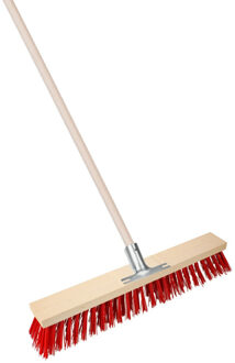 Straatbezem Elaston XL voor buiten - Kop 60 cm - metalen steelhouder - rood - Houten steel 140 cm