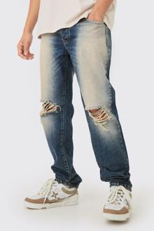 Straight Rigid Washed Blue Ripped Knee Jeans, Blue - 30R