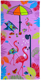 Strand/badlaken voor kinderen - flamingo print - 70 x 140 cm - microvezel - Strandlakens Roze