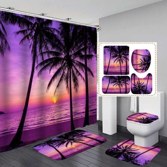 Strand Boom Paars Douchegordijn Badmat Wc Cover Tapijt Badkamer Home Decor Set Home Living Waterdicht Bad Gordijn Sets A 4stk reeks