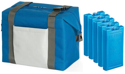 Strand/picknick isolatie koeltas blauw 15 liter/38 x 33 x 18 cm met 5x stuks koelelementen