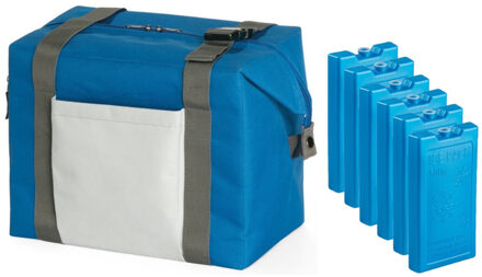 Strand/picknick isolatie koeltas blauw 15 liter/38 x 33 x 18 cm met 6x stuks koelelementen