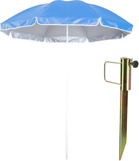 Strand/tuin parasol - met metalen grondharing 45 cm - blauw - polyester - D150 cm - verstelbaar