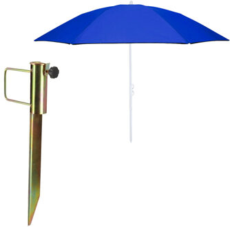 Strand/tuin parasol - met metalen grondharing 45 cm - blauw - polyester - D160 cm - verstelbaar