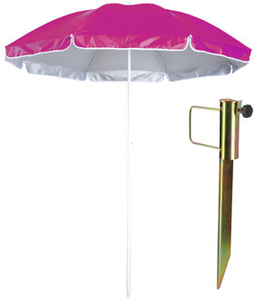 Strand/tuin parasol met metalen grondharing 45 cm - fuchsia roze - polyester - D150 cm - verstelbaar