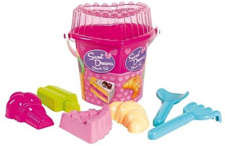 Strand/zandbak speelgoed roze emmer met vormpjes en schepjes
