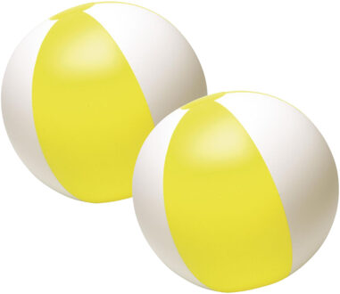 Strandbal - 2x - opblaasbaar - zwembad speelgoed - geel/wit - D26 cm