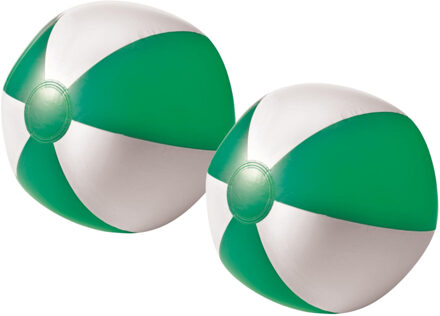 Strandbal - 2x - opblaasbaar - zwembad speelgoed - groen/wit - D26 cm