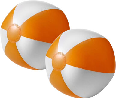 Strandbal - 2x - opblaasbaar - zwembad speelgoed - oranje/wit - D26 cm