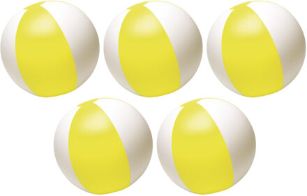 Strandbal - 5x - opblaasbaar - zwembad speelgoed - geel/wit - D26 cm