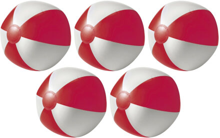 Strandbal - 5x - opblaasbaar - zwembad speelgoed - rood/wit - D26 cm