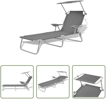 Strandbed - Grijs - Inklapbaar - Verstelbare Rugleuning en Luifel - Gepoedercoat Staal - 58 x 189 x 27