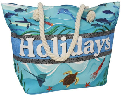 strandtas - blauw - touw handvat - 19 x 51 x 34 cm
