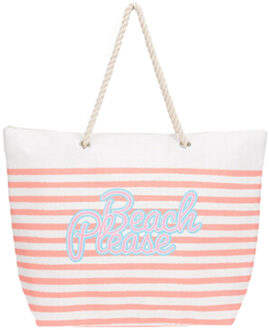 Strandtas met handvat wit/roze gestreept met Beach Please print polyester 38 x 39 cm
