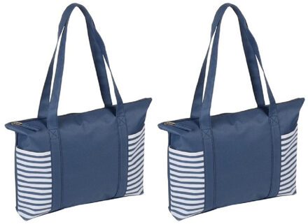 Strandtas met streepmotief - 2x stuks - blauw/wit - 44 x 31 cm - Strandartikelen beach bags