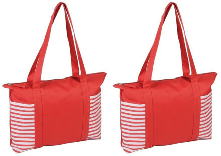 Strandtas met streepmotief - 2x stuks - rood/wit - 44 x 31 cm - Strandartikelen beach bags