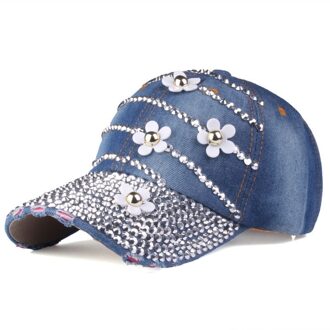 Strass Baseball Cap Met Bloemen Vrouwen Verstelbare Zonnehoed Denim Hip Hop Cap Bone 8 Kleuren blauw