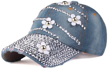 Strass Baseball Cap Met Bloemen Vrouwen Verstelbare Zonnehoed Denim Hip Hop Cap Bone 8 Kleuren grijs blauw