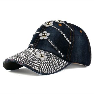 Strass Baseball Cap Met Bloemen Vrouwen Verstelbare Zonnehoed Denim Hip Hop Cap Bone 8 Kleuren marine